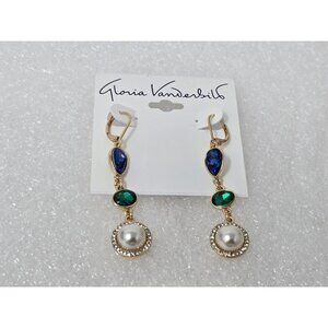 Gold Drop Earrings Blue & Green Stones & Faux Pearl Accents By Gloria Vanderbilt